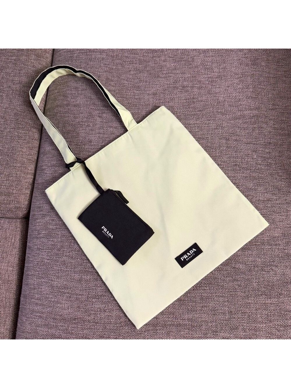 Prada Beauty Light Green Tote with Black Pouch New Authentic